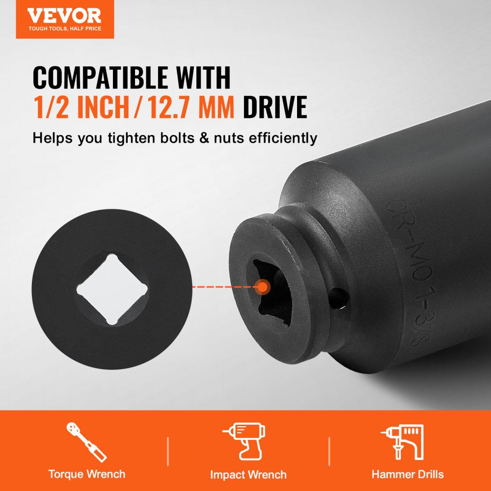 VEVOR Axle Nut Impact Socket Set 1/2" Drive Deep 6-Point 8PCS SAE Nut Socket 
