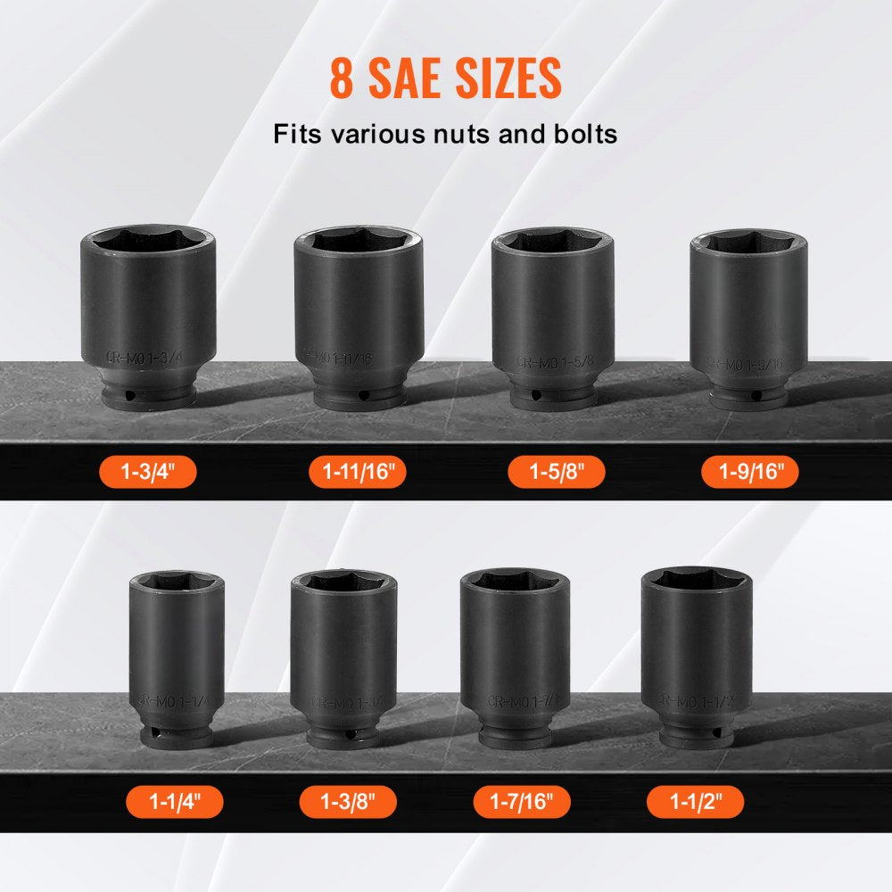 VEVOR Axle Nut Impact Socket Set 1/2" Drive Deep 6-Point 8PCS SAE Nut Socket 