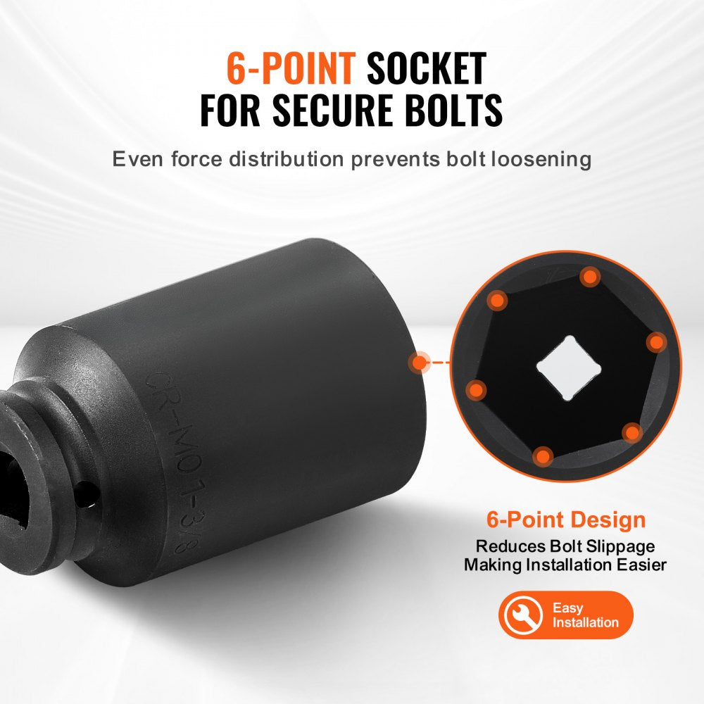 VEVOR Axle Nut Impact Socket Set 1/2" Drive Deep 6-Point 8PCS SAE Nut Socket 