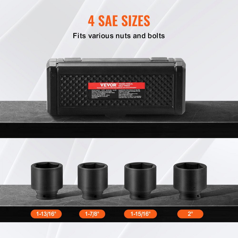 VEVOR Axle Nut Impact Socket Set 1/2" Drive 6-Point 4PCS SAE Spindle Nut Socket 