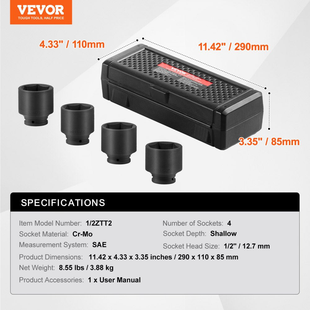 VEVOR Axle Nut Impact Socket Set 1/2" Drive 6-Point 4PCS SAE Spindle Nut Socket 