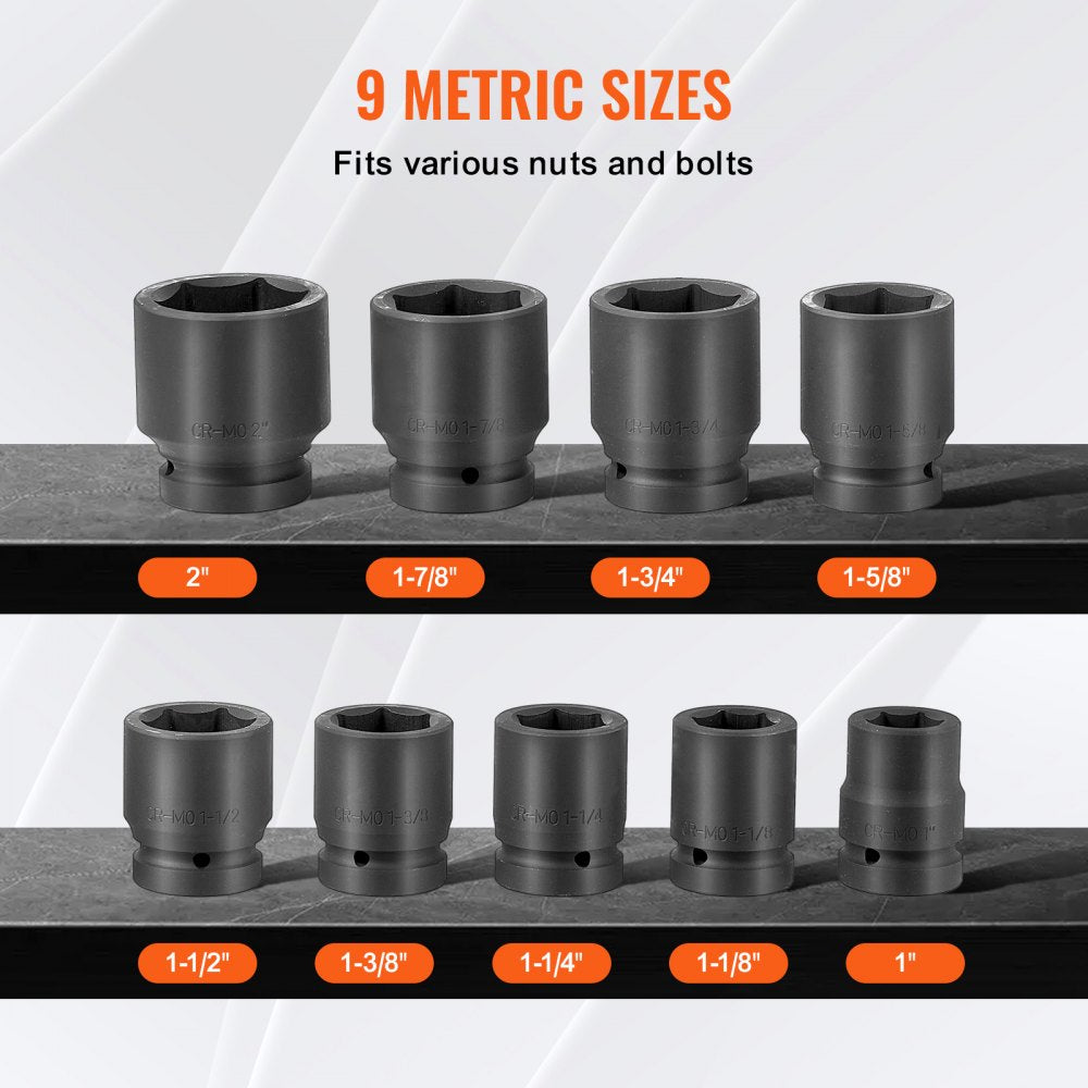 VEVOR Axle Nut Impact Socket Set 1" Drive 6-Point 9PCS SAE Spindle Nut Socket 