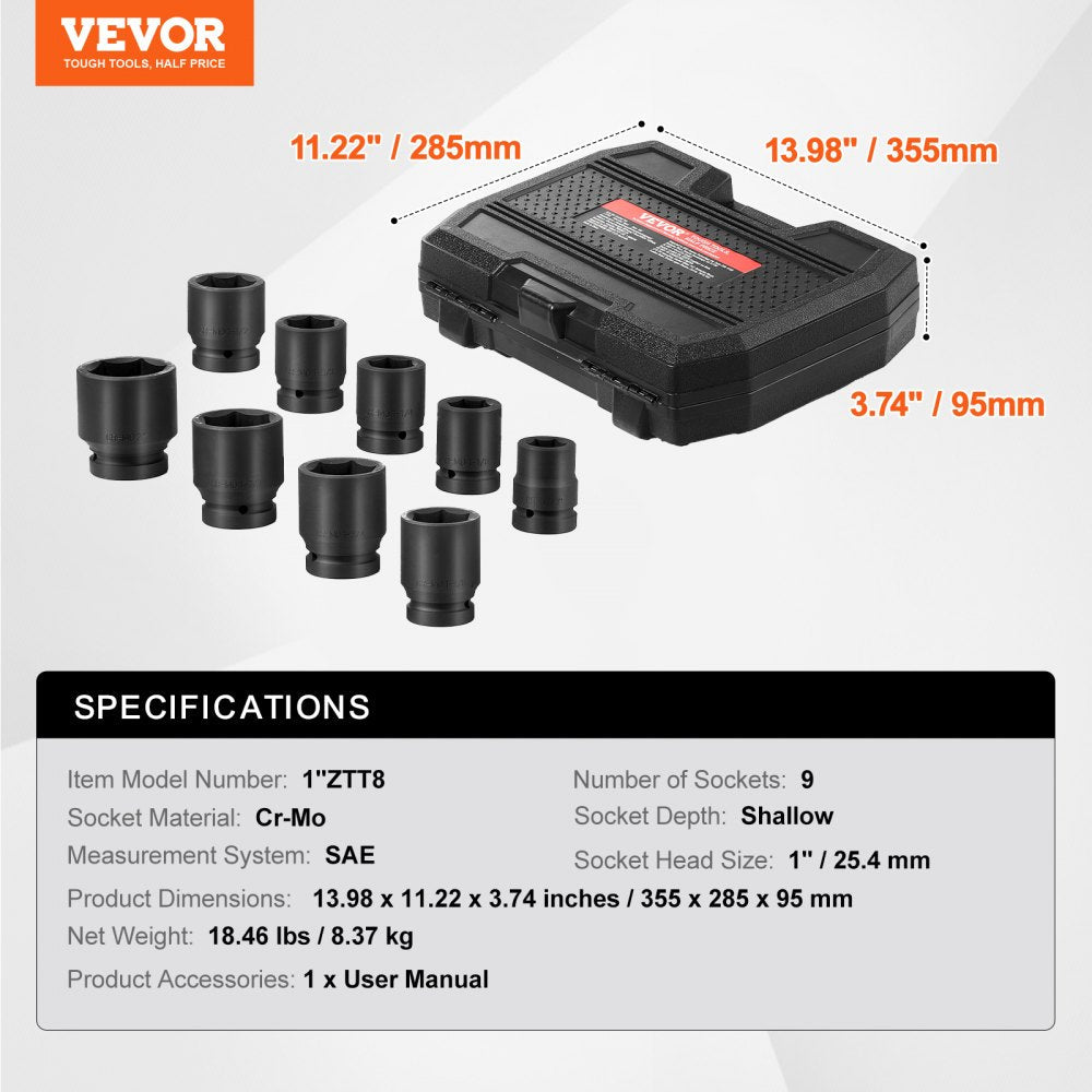 VEVOR Axle Nut Impact Socket Set 1" Drive 6-Point 9PCS SAE Spindle Nut Socket 