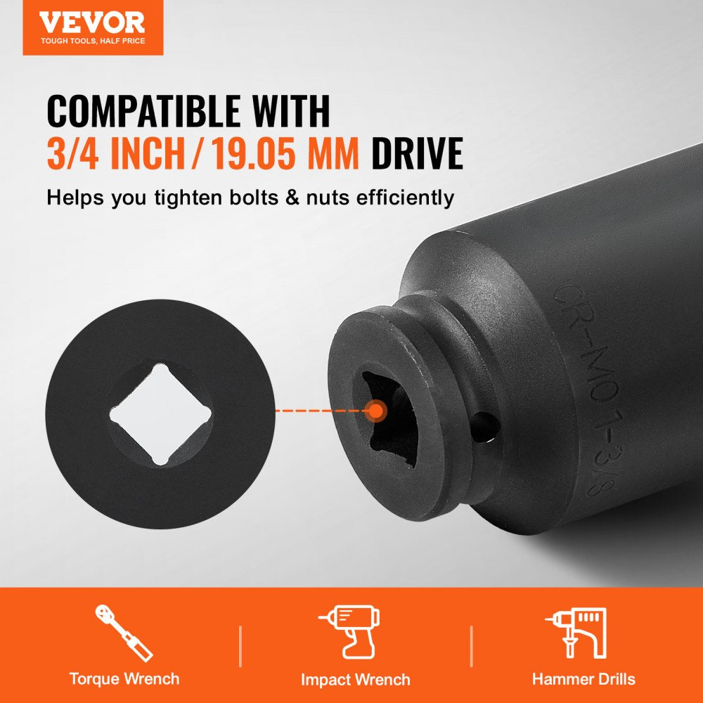 VEVOR Axle Nut Impact Socket Set 3/4" Deep Drive 6-Point 8PCS SAE Spindle Socket 