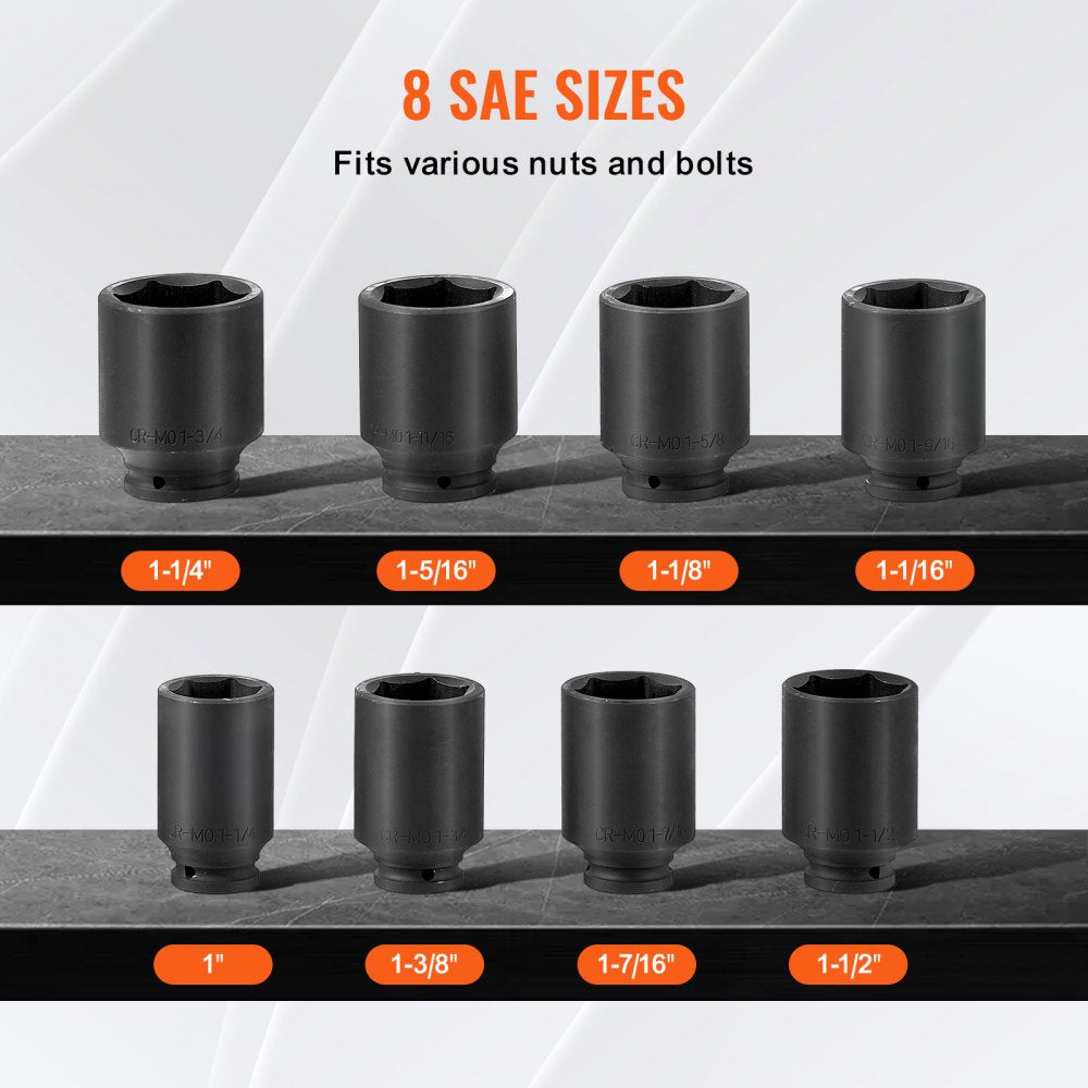 VEVOR Axle Nut Impact Socket Set 3/4" Deep Drive 6-Point 8PCS SAE Spindle Socket 