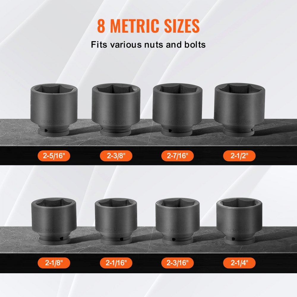 VEVOR Axle Nut Impact Socket Set 3/4" Drive 6-Point 8PCS SAE Spindle Nut Socket 