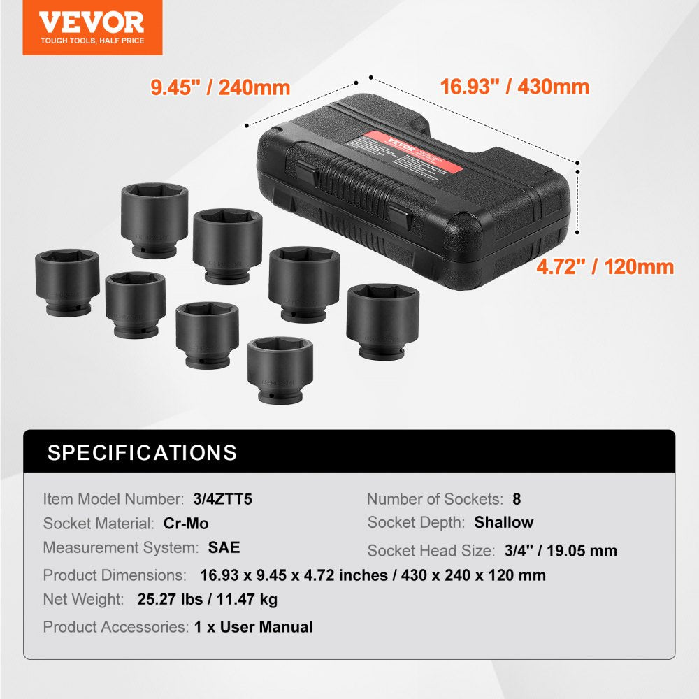 VEVOR Axle Nut Impact Socket Set 3/4" Drive 6-Point 8PCS SAE Spindle Nut Socket 