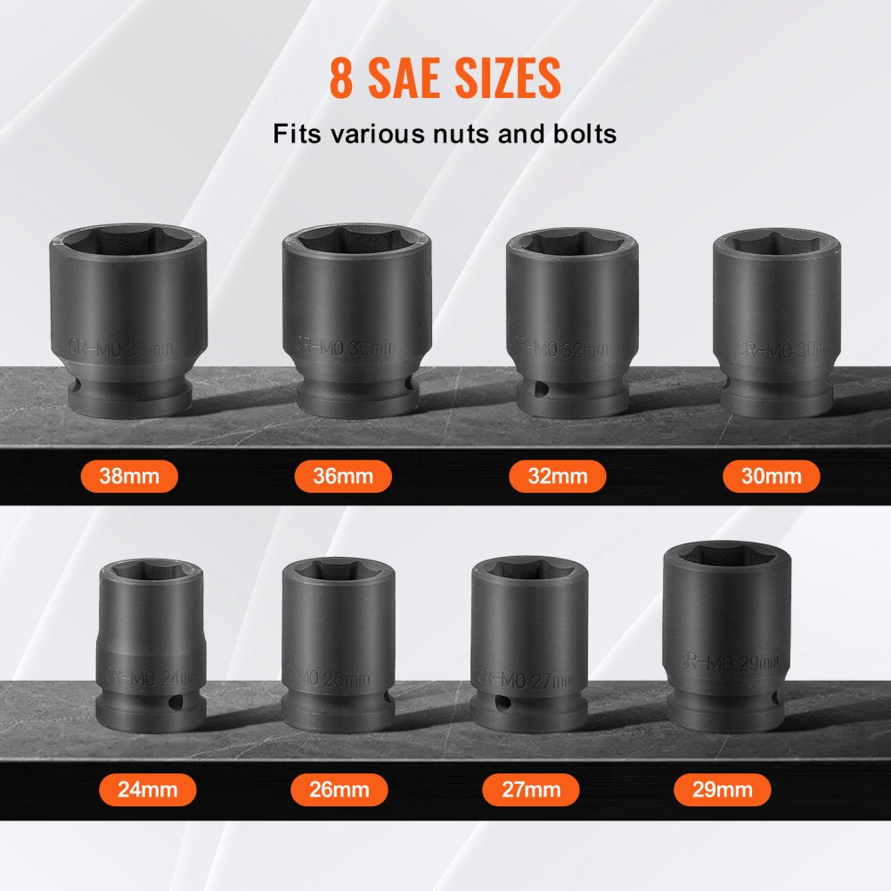 VEVOR Axle Nut Impact Socket Set 3/4" Drive 6-Point 8PCS Metric Spindle Socket 