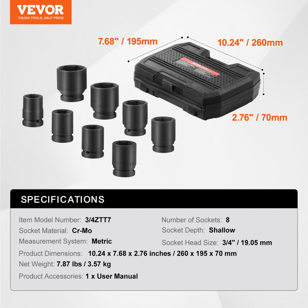 VEVOR Axle Nut Impact Socket Set 3/4" Drive 6-Point 8PCS Metric Spindle Socket 