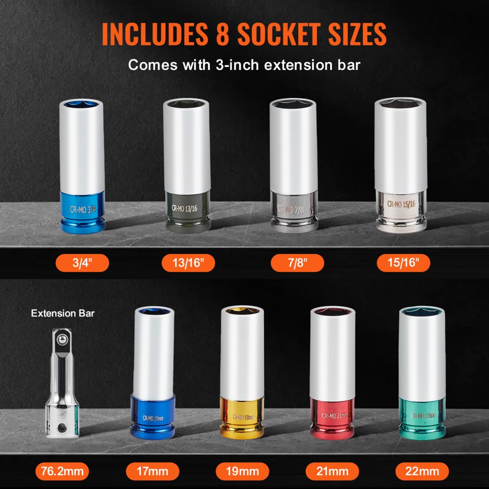 VEVOR Lug Nut Impact Socket Set 1/2 in Drive Metric and SAE 6-Point Deep Socket 