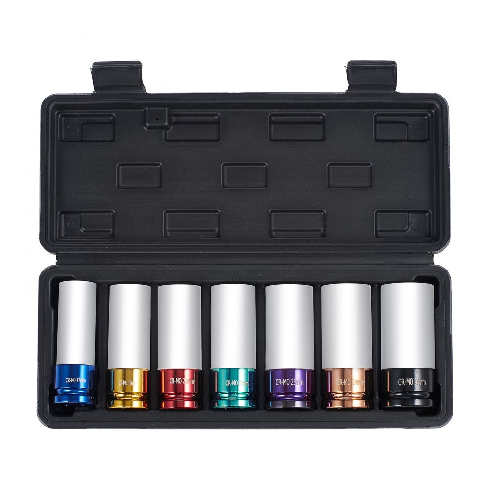 VEVOR Lug Nut Impact Socket Set 1/2 in Drive Metric 6-Point Deep Socket 7PCS 