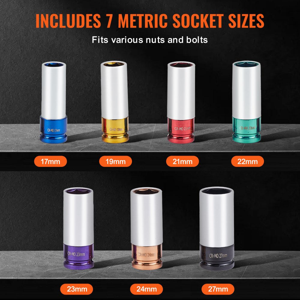 VEVOR Lug Nut Impact Socket Set 1/2 in Drive Metric 6-Point Deep Socket 7PCS 