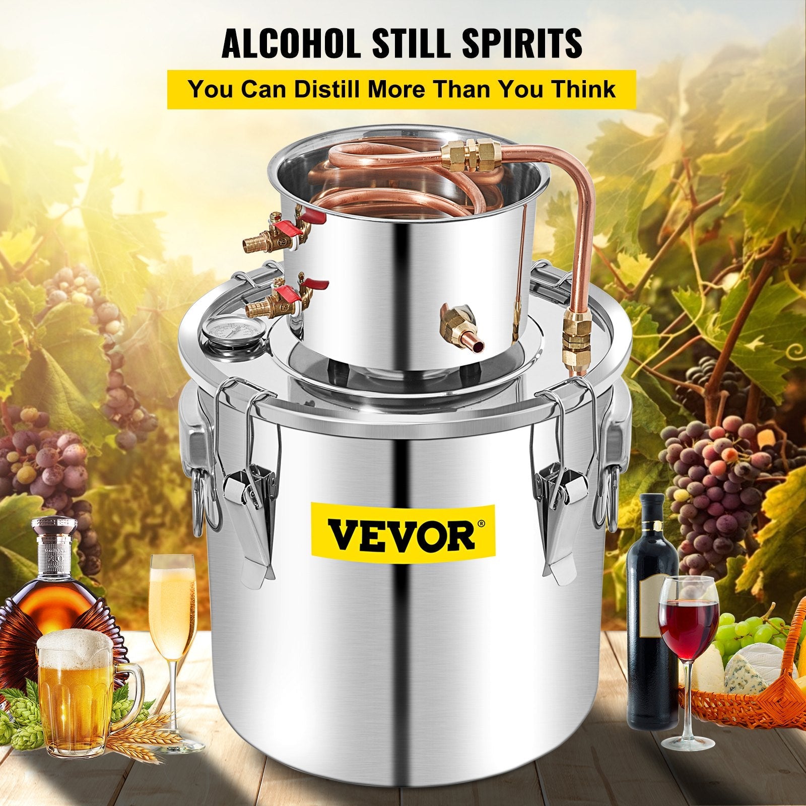VEVOR Alcohol Still 13.2Gal/50L, Alcohol Distiller with Circulating Pump, Alcohol Still Copper Tube, Whiskey Distilling Kit w/Build-In Thermometer, Whiskey Making Kit for DIY Alcohol, Stainless Steel 