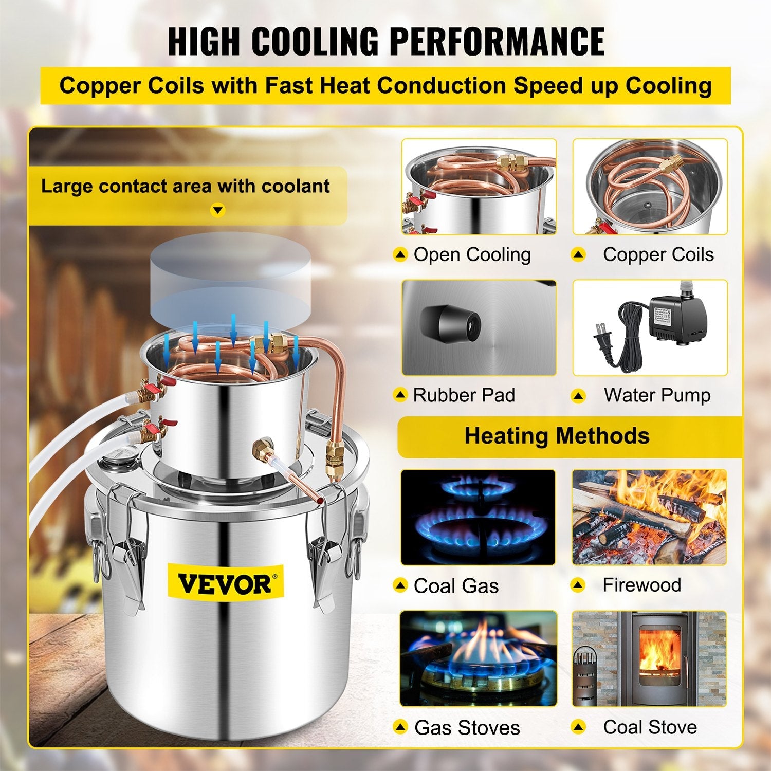 VEVOR Alcohol Still 13.2Gal/50L, Alcohol Distiller with Circulating Pump, Alcohol Still Copper Tube, Whiskey Distilling Kit w/Build-In Thermometer, Whiskey Making Kit for DIY Alcohol, Stainless Steel 