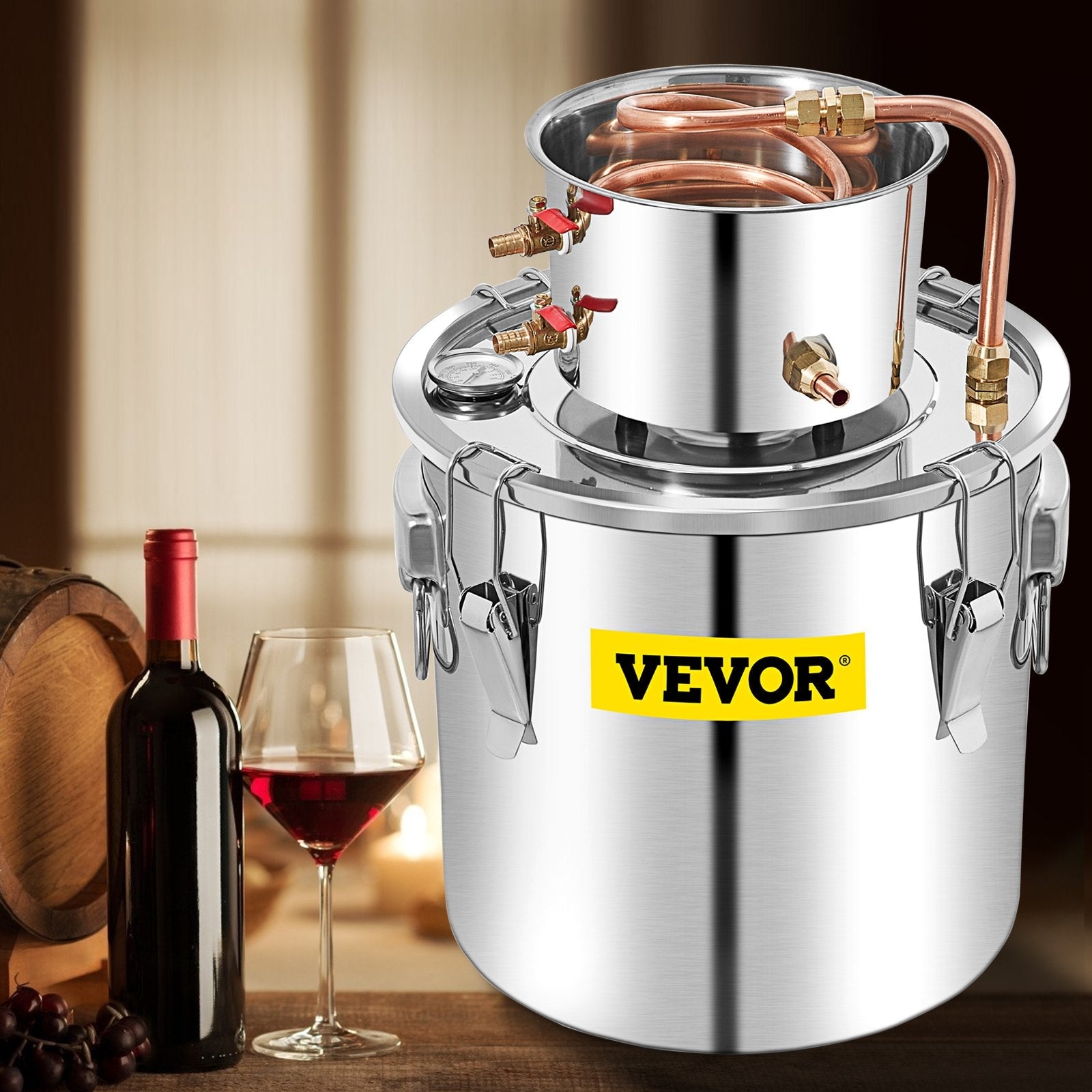 VEVOR Alcohol Still 13.2Gal/50L, Alcohol Distiller with Circulating Pump, Alcohol Still Copper Tube, Whiskey Distilling Kit w/Build-In Thermometer, Whiskey Making Kit for DIY Alcohol, Stainless Steel 