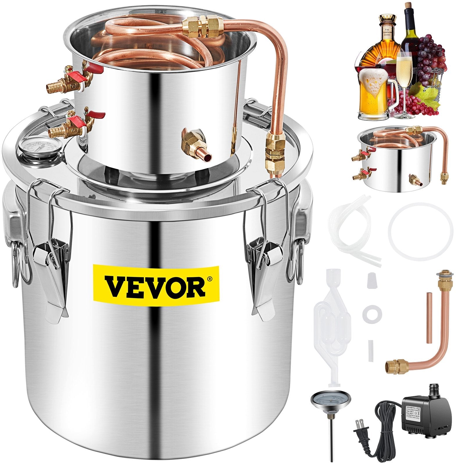 VEVOR Alcohol Still 13.2Gal/50L, Alcohol Distiller with Circulating Pump, Alcohol Still Copper Tube, Whiskey Distilling Kit w/Build-In Thermometer, Whiskey Making Kit for DIY Alcohol, Stainless Steel 