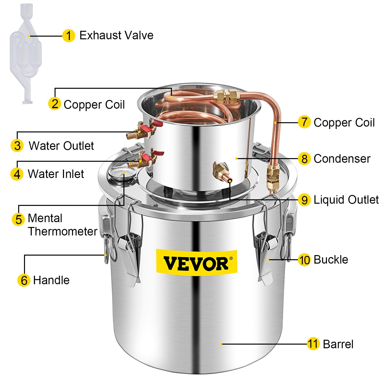 VEVOR Alcohol Still 13.2Gal/50L, Alcohol Distiller with Circulating Pump, Alcohol Still Copper Tube, Whiskey Distilling Kit w/Build-In Thermometer, Whiskey Making Kit for DIY Alcohol, Stainless Steel 