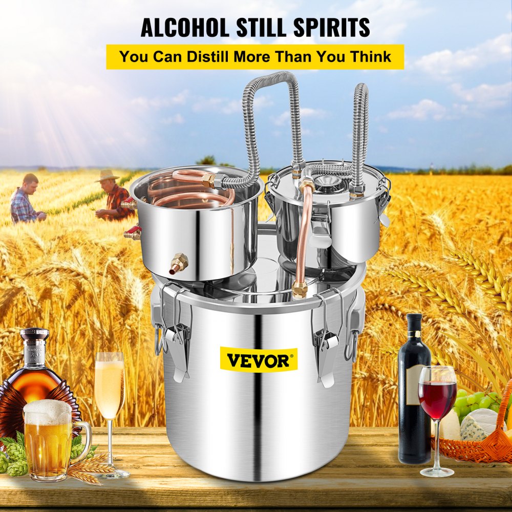 VEVOR Water Distiller, 13.2 Gal/50 L, Stainless Steel Distillery Kit with Copper Tube Built-in Thermometer, Home Broiler for DIY Brewing, Silver 