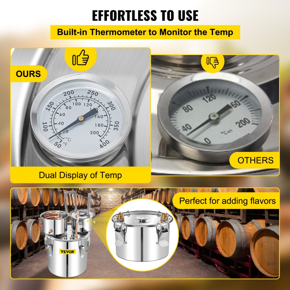 VEVOR Water Distiller, 13.2 Gal/50 L, Stainless Steel Distillery Kit with Copper Tube Built-in Thermometer, Home Broiler for DIY Brewing, Silver 