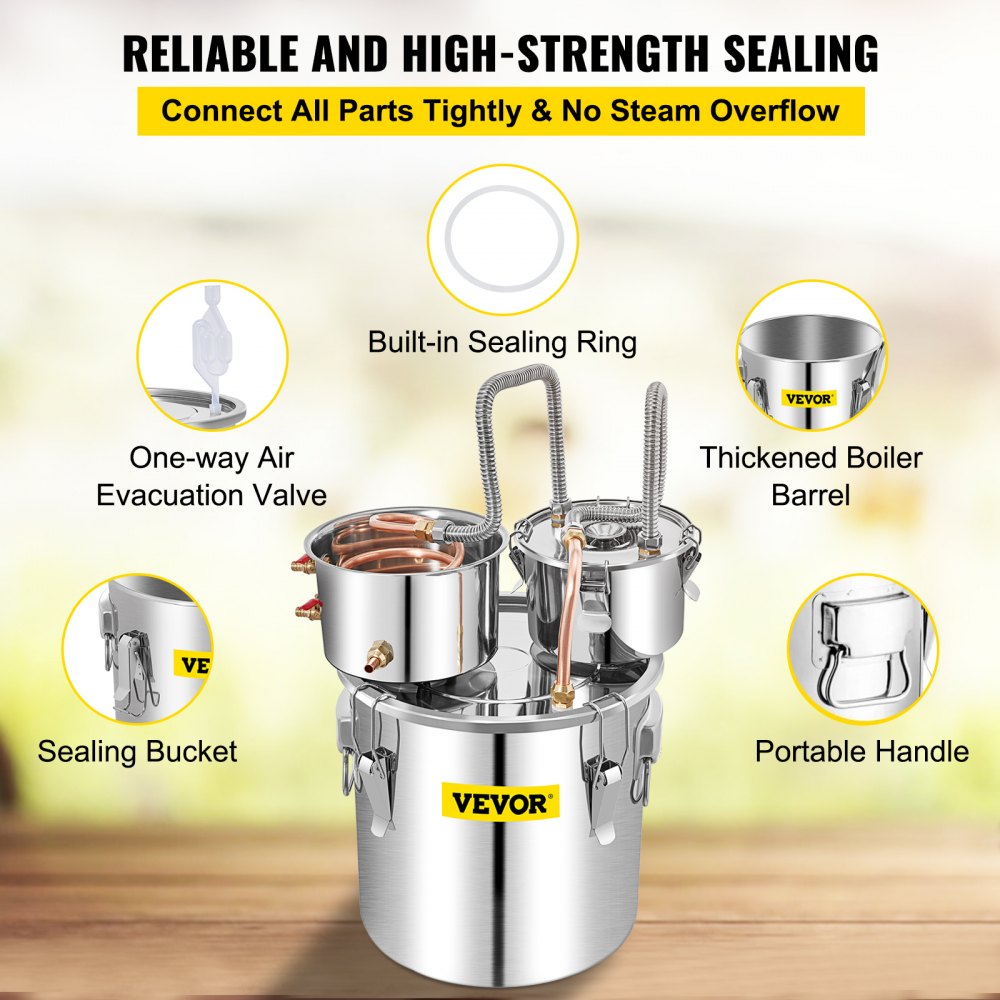 VEVOR Water Distiller, 13.2 Gal/50 L, Stainless Steel Distillery Kit with Copper Tube Built-in Thermometer, Home Broiler for DIY Brewing, Silver 