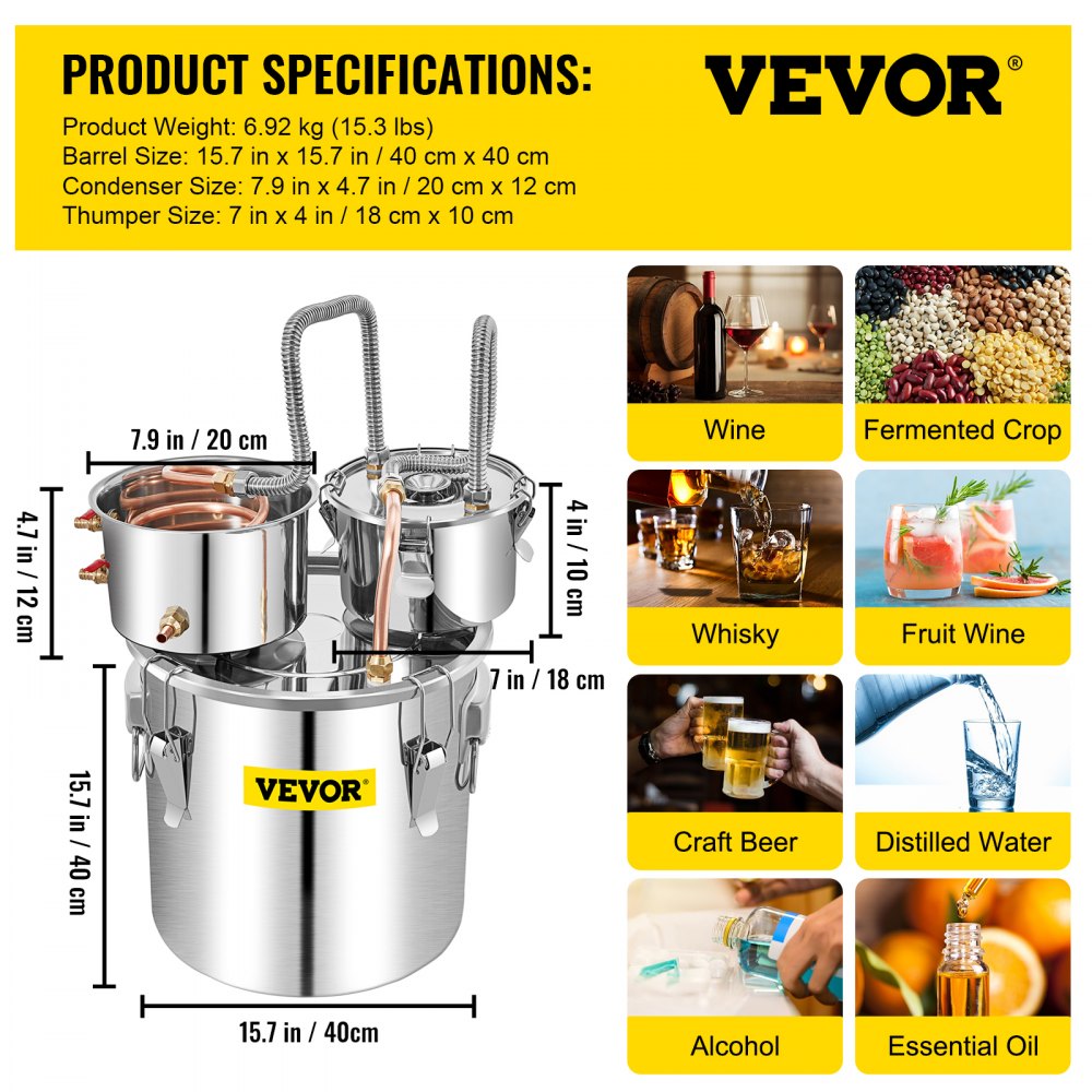 VEVOR Water Distiller, 13.2 Gal/50 L, Stainless Steel Distillery Kit with Copper Tube Built-in Thermometer, Home Broiler for DIY Brewing, Silver 