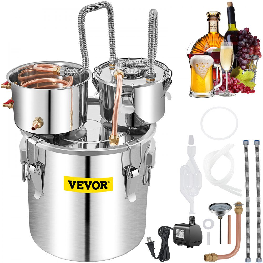 VEVOR Water Distiller, 13.2 Gal/50 L, Stainless Steel Distillery Kit with Copper Tube Built-in Thermometer, Home Broiler for DIY Brewing, Silver 