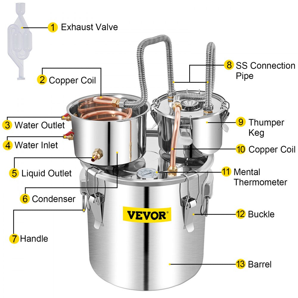 VEVOR Water Distiller, 13.2 Gal/50 L, Stainless Steel Distillery Kit with Copper Tube Built-in Thermometer, Home Broiler for DIY Brewing, Silver 
