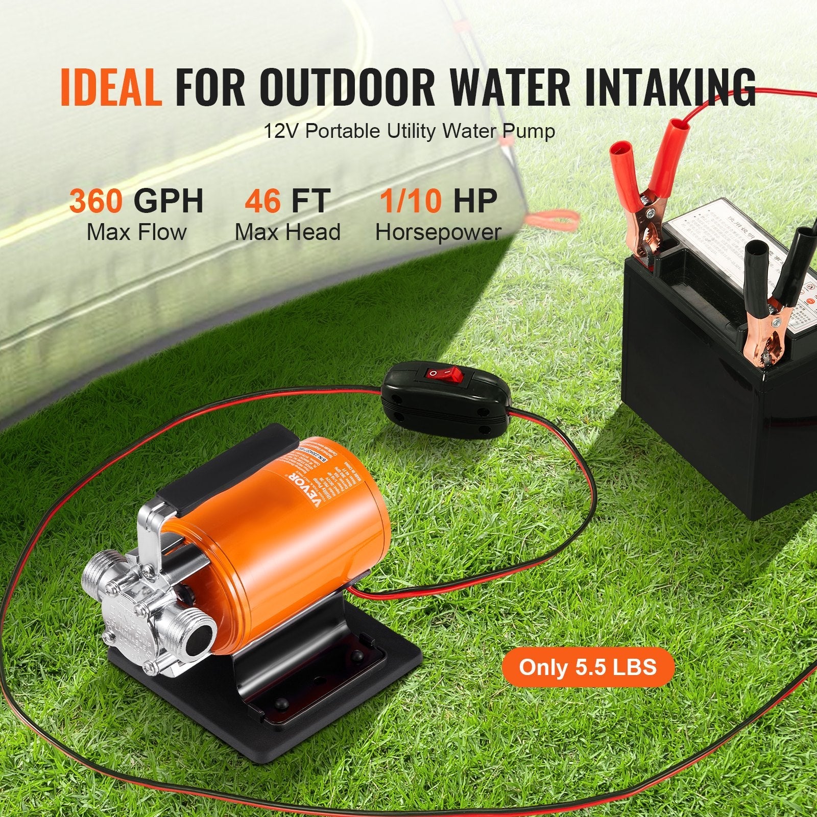 VEVOR Water Transfer Pump, 12V DC 360 GPH 1/10HP, Portable Electric Utility Pump with 6 ft Suction Hose Kit, Impeller, Suction Strainer, for Garden, Rain Barrel, Pool, Pond, Hot Tub, Aquarium Draining 