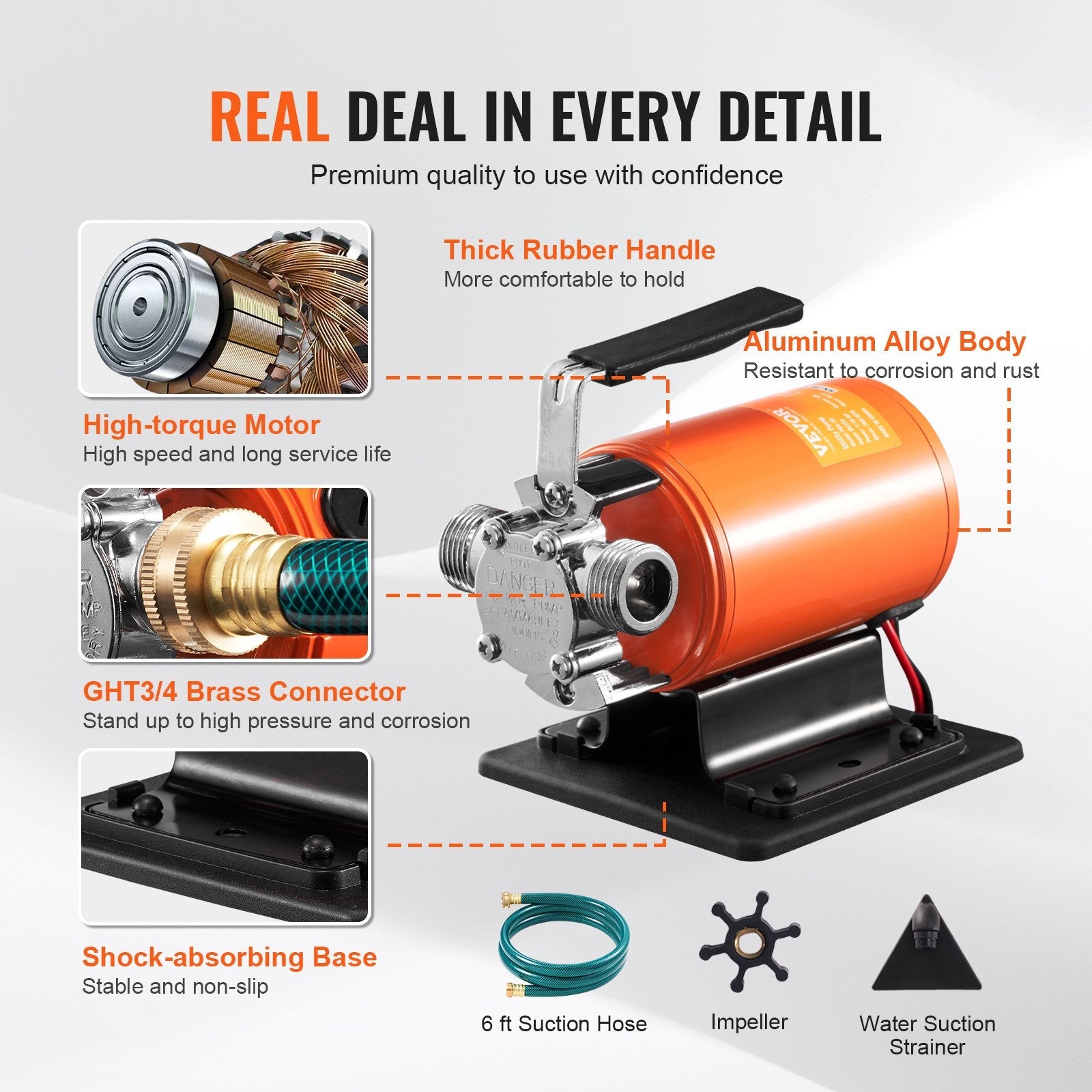 VEVOR Water Transfer Pump, 12V DC 360 GPH 1/10HP, Portable Electric Utility Pump with 6 ft Suction Hose Kit, Impeller, Suction Strainer, for Garden, Rain Barrel, Pool, Pond, Hot Tub, Aquarium Draining 