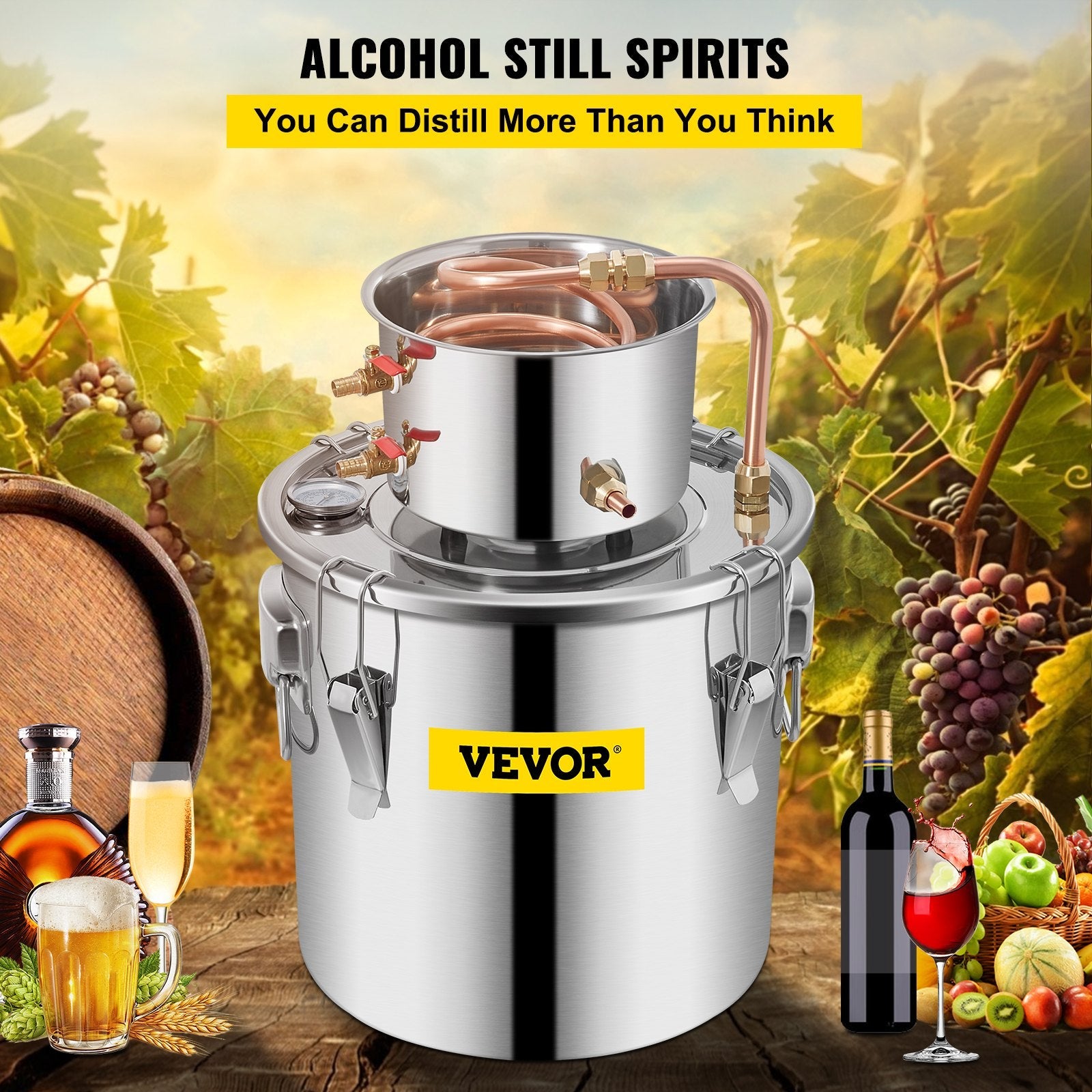 VEVOR Water Distiller 3Gal Still Distiller Copper Tube with Circulating Pump Home DIY Brewing Kit Build-in Thermometer, Stainless Steel Bucket 12L 