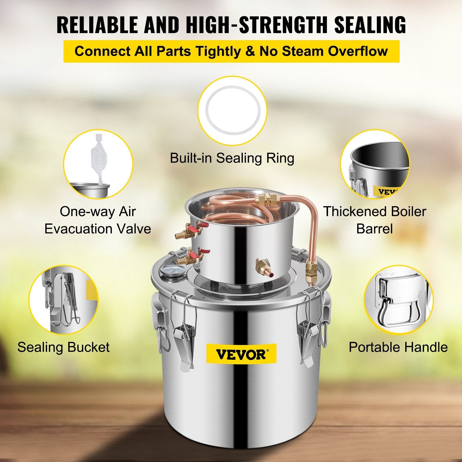 VEVOR Water Distiller 3Gal Still Distiller Copper Tube with Circulating Pump Home DIY Brewing Kit Build-in Thermometer, Stainless Steel Bucket 12L 