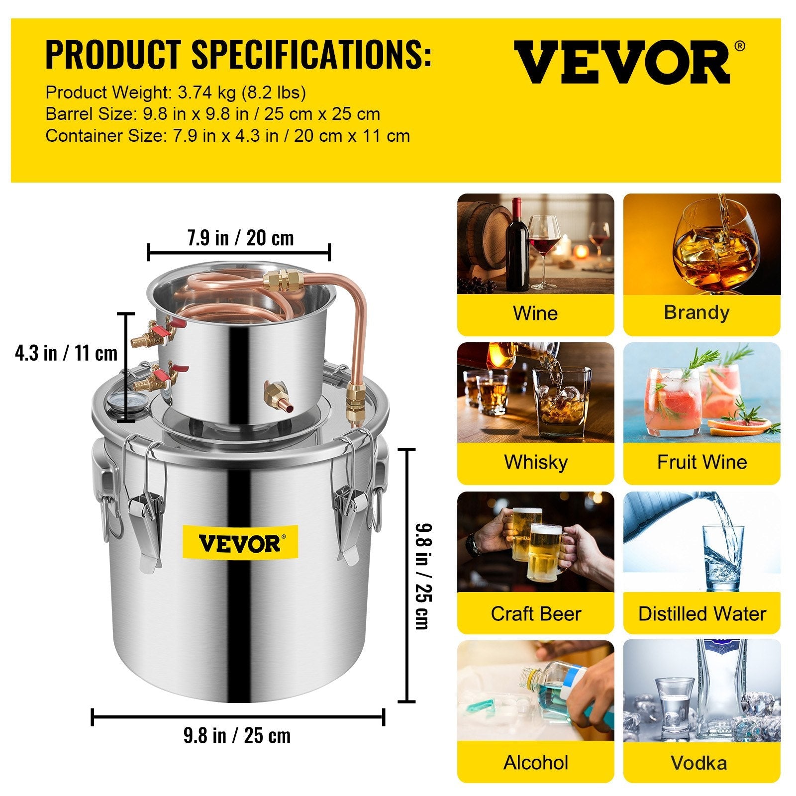 VEVOR Water Distiller 3Gal Still Distiller Copper Tube with Circulating Pump Home DIY Brewing Kit Build-in Thermometer, Stainless Steel Bucket 12L 