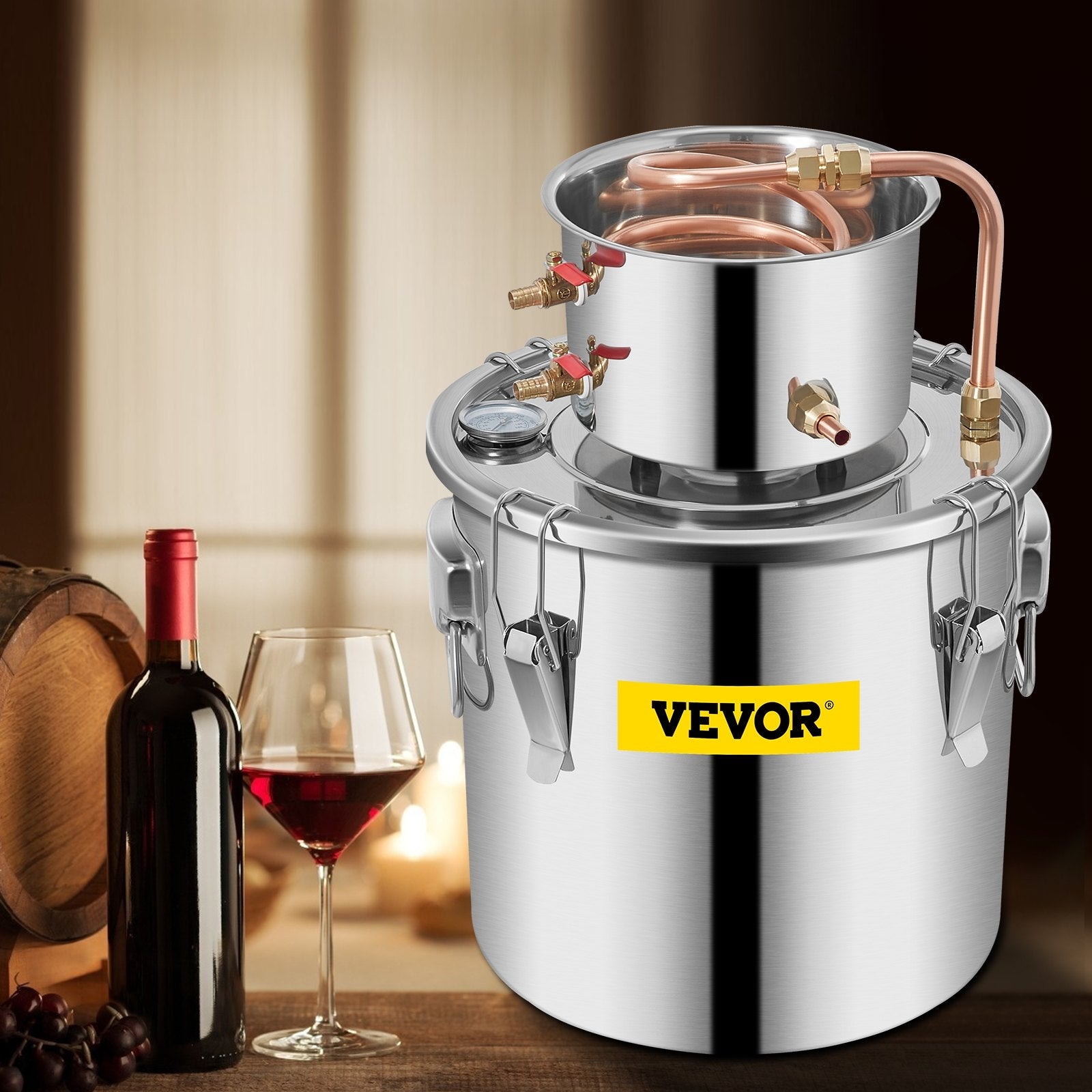 VEVOR Water Distiller 3Gal Still Distiller Copper Tube with Circulating Pump Home DIY Brewing Kit Build-in Thermometer, Stainless Steel Bucket 12L 
