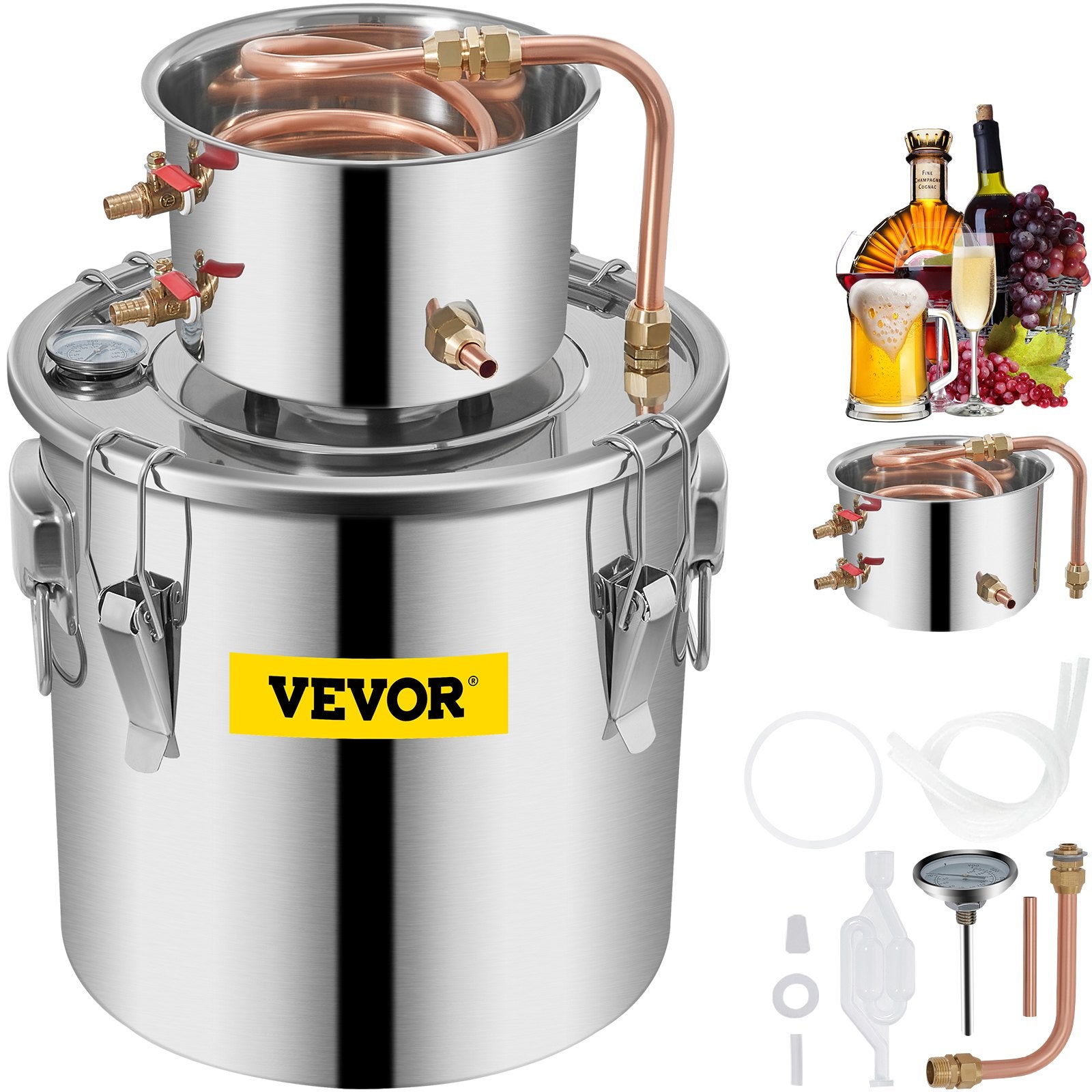 VEVOR Water Distiller 3Gal Still Distiller Copper Tube with Circulating Pump Home DIY Brewing Kit Build-in Thermometer, Stainless Steel Bucket 12L 