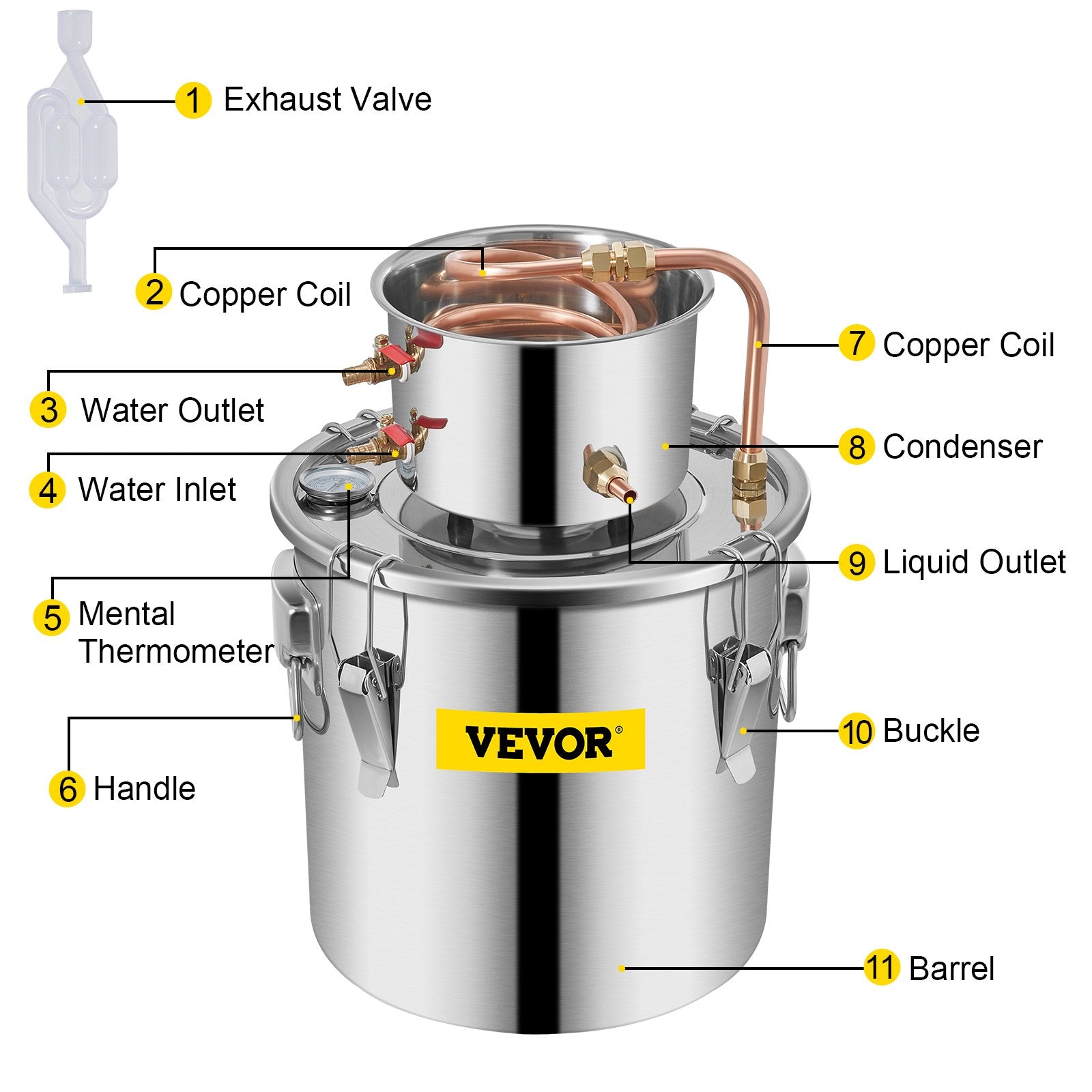 VEVOR Water Distiller 3Gal Still Distiller Copper Tube with Circulating Pump Home DIY Brewing Kit Build-in Thermometer, Stainless Steel Bucket 12L 