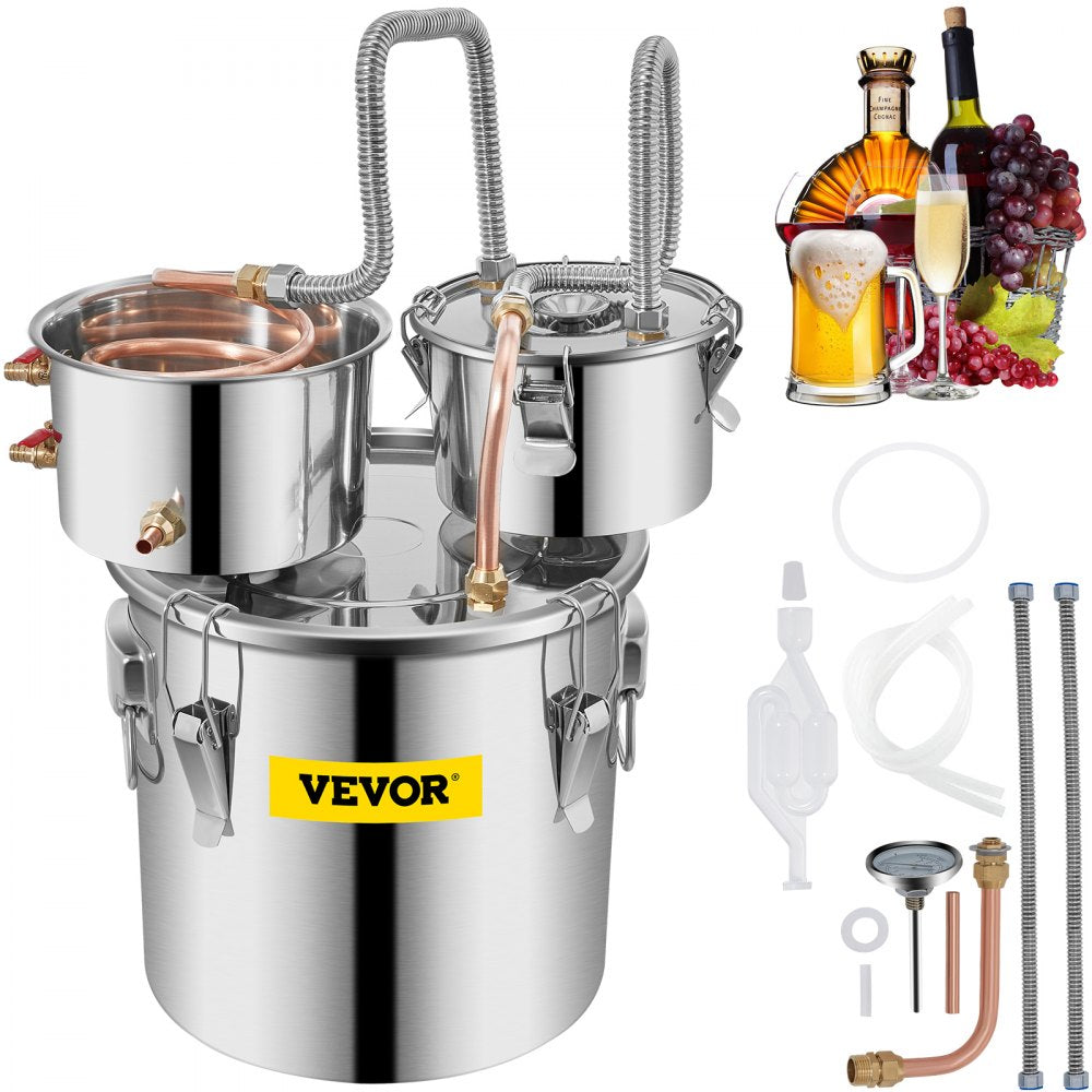 VEVOR Moonshine Still Distiller 3Gal 12L Stainless Steel Water Distiller Copper Tube with Circulating Pump Home Brewing Kit Build-in Thermometer for DIY Whisky Wine Brandy Spirits 