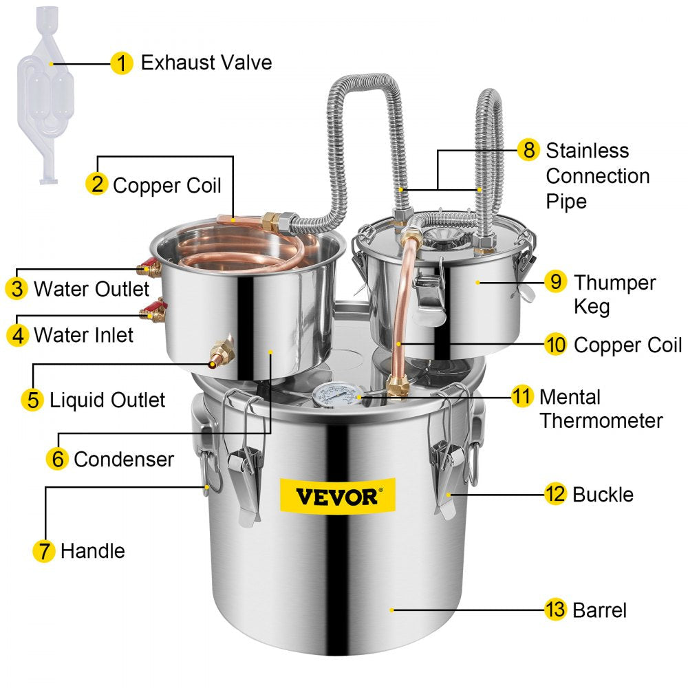 VEVOR Moonshine Still Distiller 3Gal 12L Stainless Steel Water Distiller Copper Tube with Circulating Pump Home Brewing Kit Build-in Thermometer for DIY Whisky Wine Brandy Spirits 