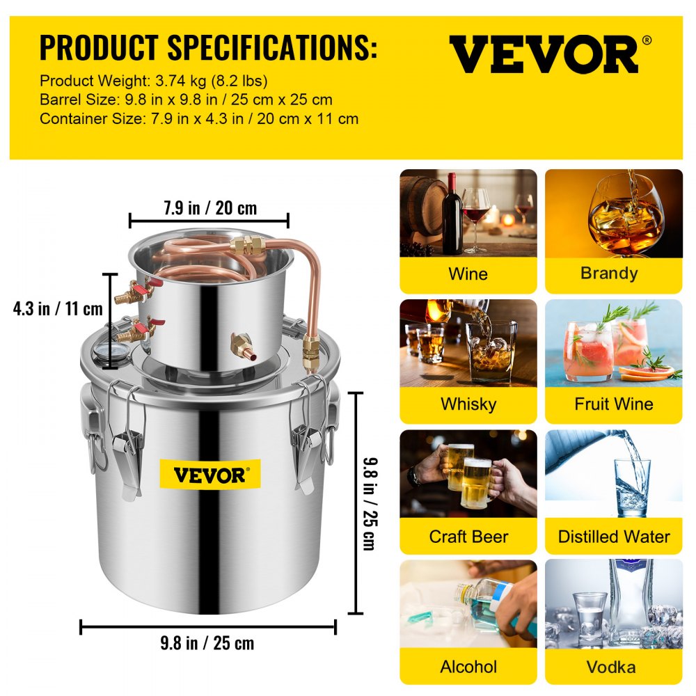 VEVOR 12L Water Alcohol Distiller 3GAL Copper Wine Making Boiler Multi Home DIY Brewing Distilling Kit for Fruit Wine, Water, Brandy, And Refining Plant Extracts 