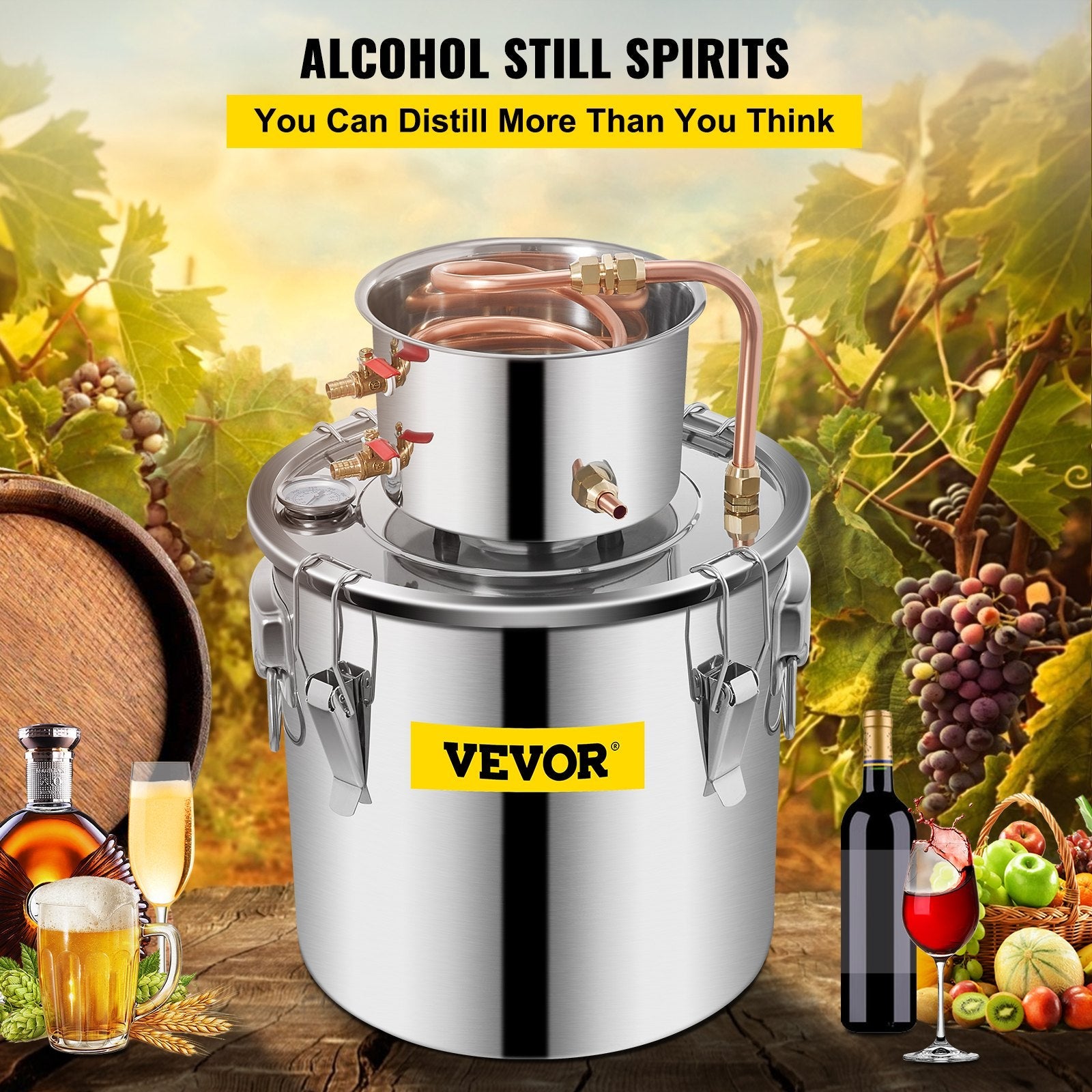VEVOR Moonshine Still 5 Gal 21L, Distillery Kit with Circulating Pump, Alcohol Still Copper Tube, Whiskey Distilling Kit w/Build-In Thermometer, Whiskey Making Kit for DIY Alcohol, Stainless Steel 