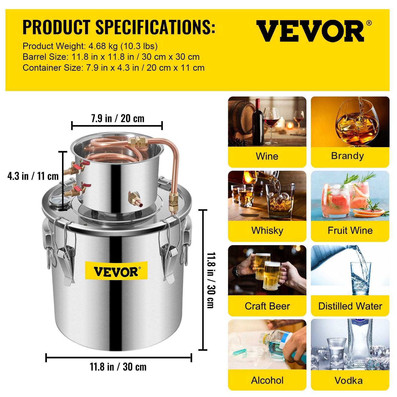 VEVOR Moonshine Still 5 Gal 21L, Distillery Kit with Circulating Pump, Alcohol Still Copper Tube, Whiskey Distilling Kit w/Build-In Thermometer, Whiskey Making Kit for DIY Alcohol, Stainless Steel 