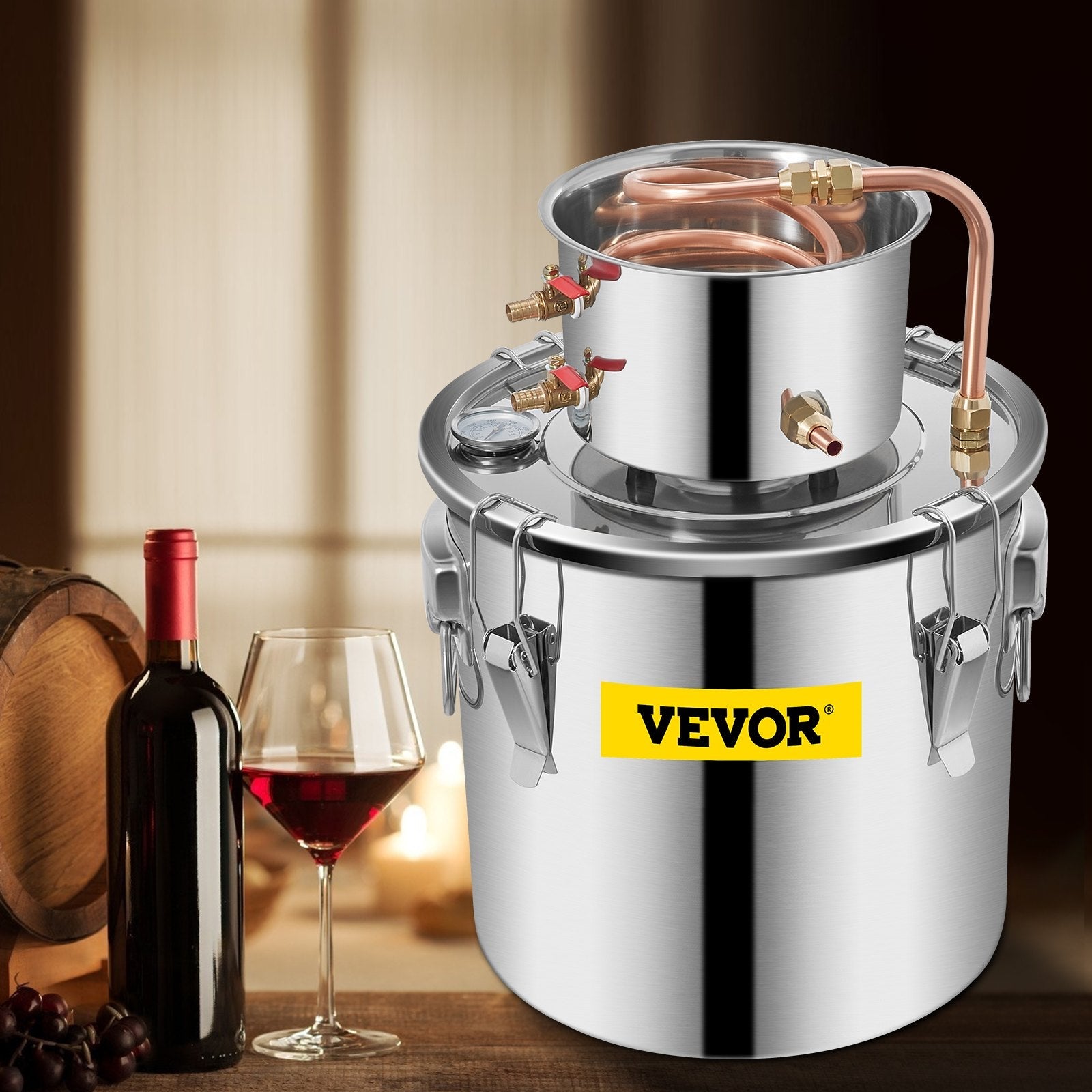 VEVOR Moonshine Still 5 Gal 21L, Distillery Kit with Circulating Pump, Alcohol Still Copper Tube, Whiskey Distilling Kit w/Build-In Thermometer, Whiskey Making Kit for DIY Alcohol, Stainless Steel 