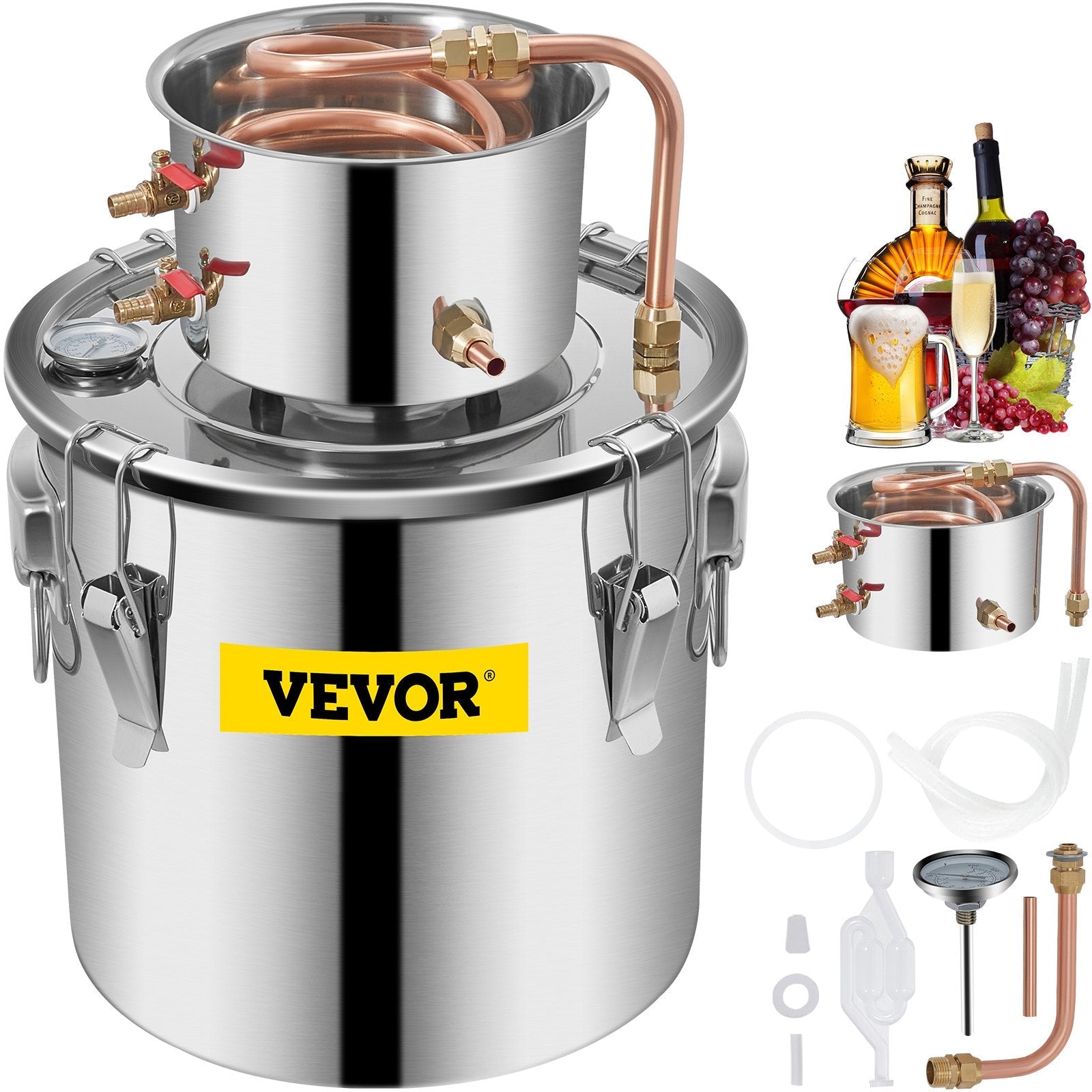 VEVOR Moonshine Still 5 Gal 21L, Distillery Kit with Circulating Pump, Alcohol Still Copper Tube, Whiskey Distilling Kit w/Build-In Thermometer, Whiskey Making Kit for DIY Alcohol, Stainless Steel 