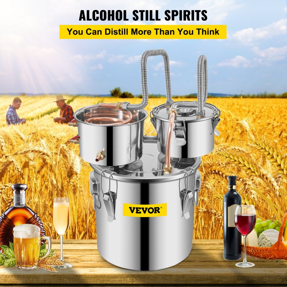 VEVOR Alcohol Still, 5 Gallon, Stainless Steel Alcohol Distiller with Copper Tube & Build-in Thermometer & Water Pump, Double Thumper Keg Home Brewing Kit, for DIY Whiskey Wine Brandy 