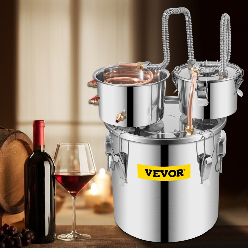VEVOR Alcohol Still, 5 Gallon, Stainless Steel Alcohol Distiller with Copper Tube & Build-in Thermometer & Water Pump, Double Thumper Keg Home Brewing Kit, for DIY Whiskey Wine Brandy 