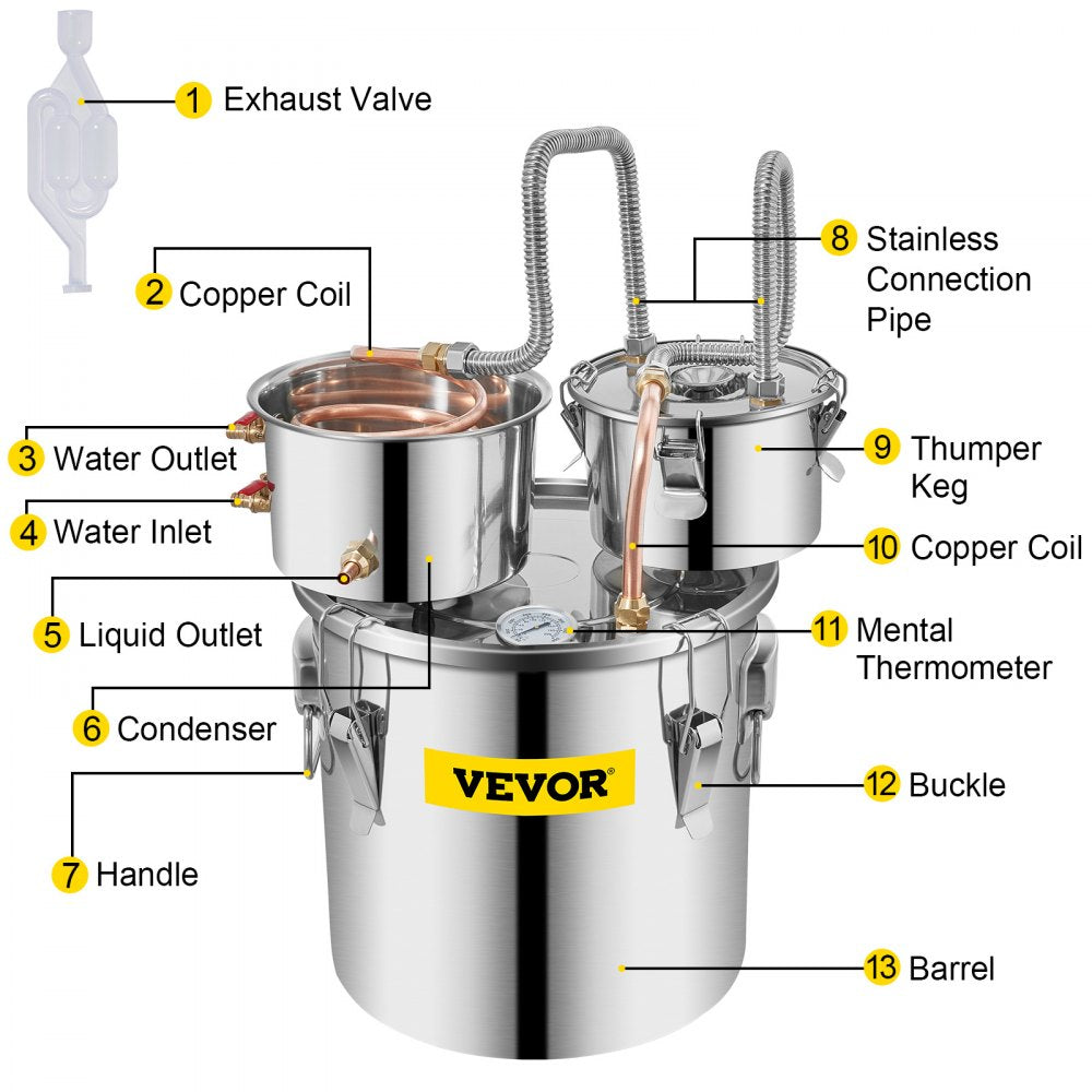 VEVOR Alcohol Still, 5 Gallon, Stainless Steel Alcohol Distiller with Copper Tube & Build-in Thermometer & Water Pump, Double Thumper Keg Home Brewing Kit, for DIY Whiskey Wine Brandy 