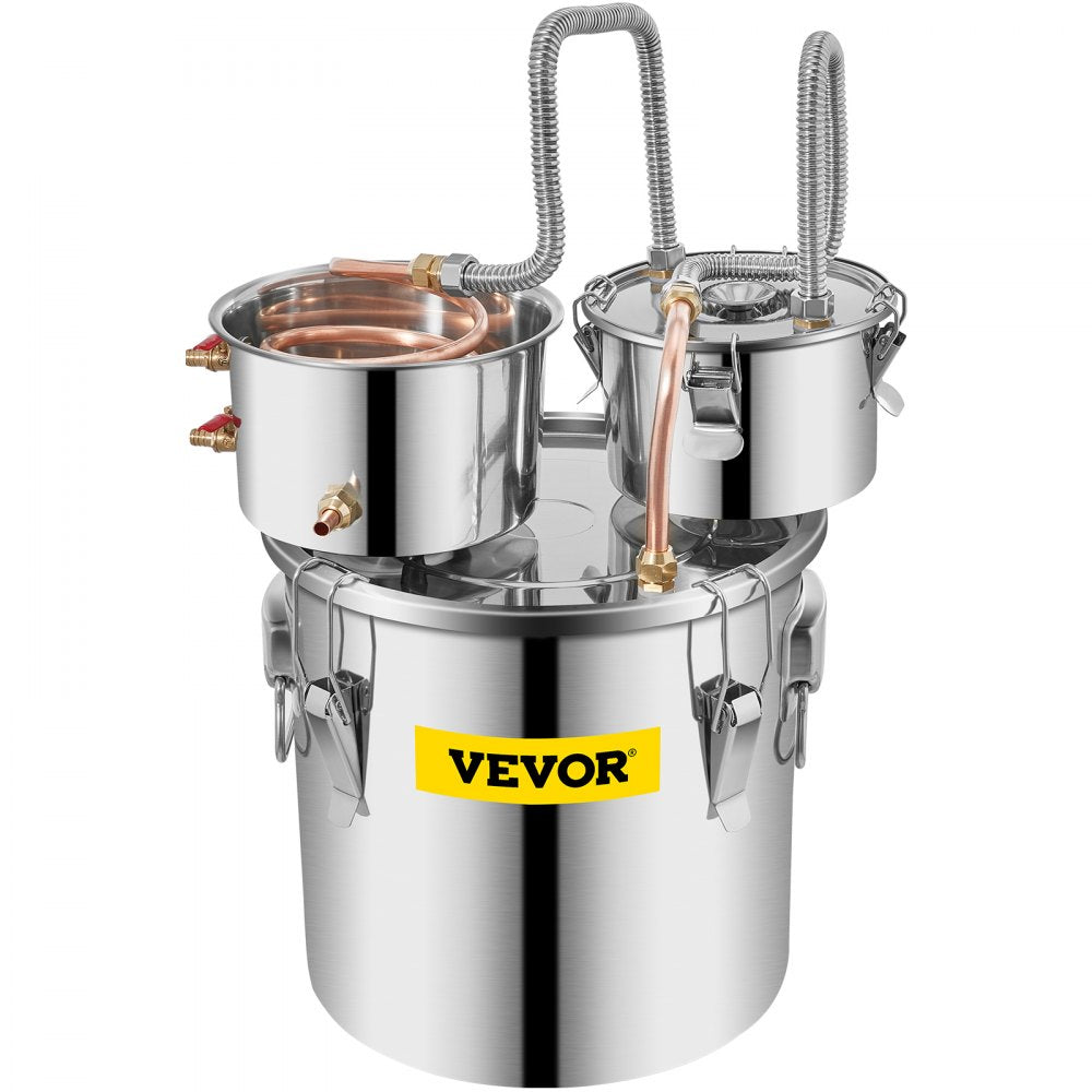 VEVOR Alcohol Still, 5 Gallon, Stainless Steel Alcohol Distiller with Copper Tube & Build-in Thermometer & Water Pump, Double Thumper Keg Home Brewing Kit, for DIY Whiskey Wine Brandy 