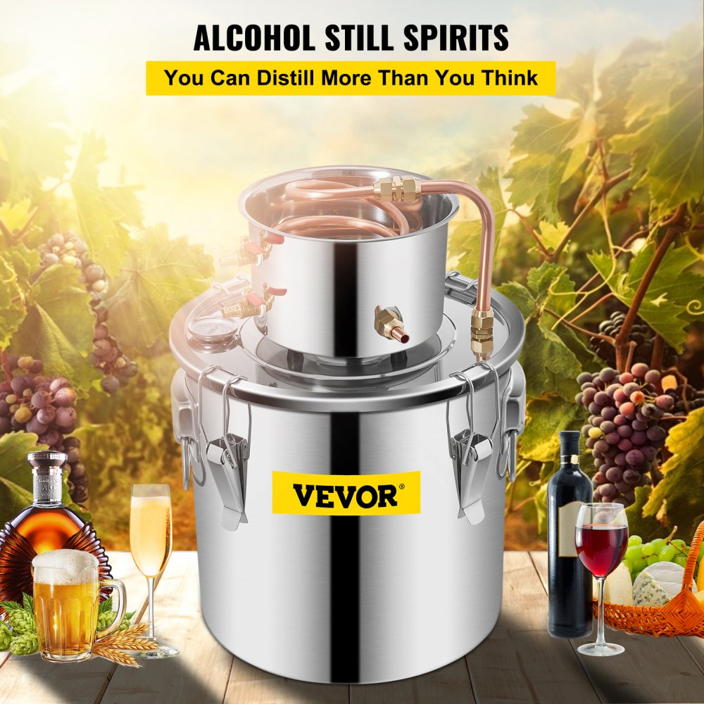 VEVOR Moonshine Still Distiller 5Gal 21L Stainless Steel Water Distiller Copper Tube Home Brewing Kit Build-in Thermometer for DIY Whisky Wine Brandy Sliver 
