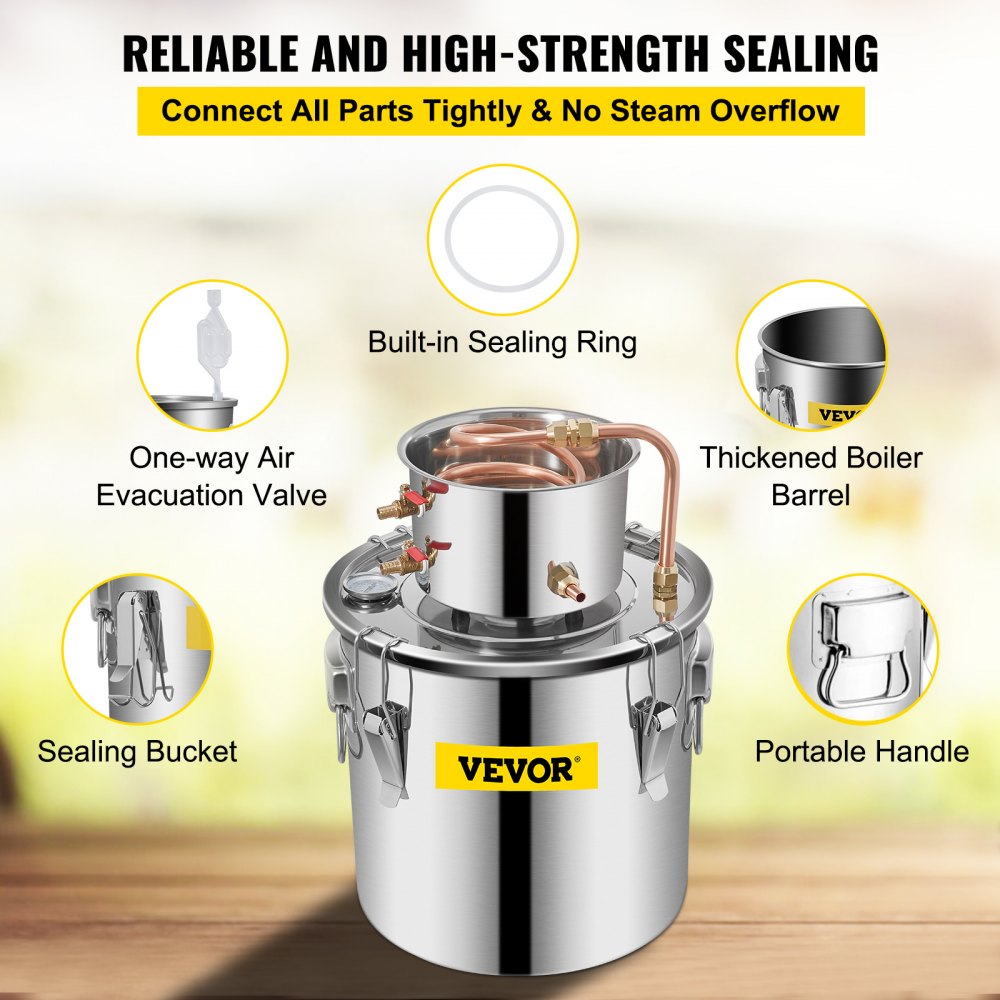 VEVOR Moonshine Still Distiller 5Gal 21L Stainless Steel Water Distiller Copper Tube Home Brewing Kit Build-in Thermometer for DIY Whisky Wine Brandy Sliver 