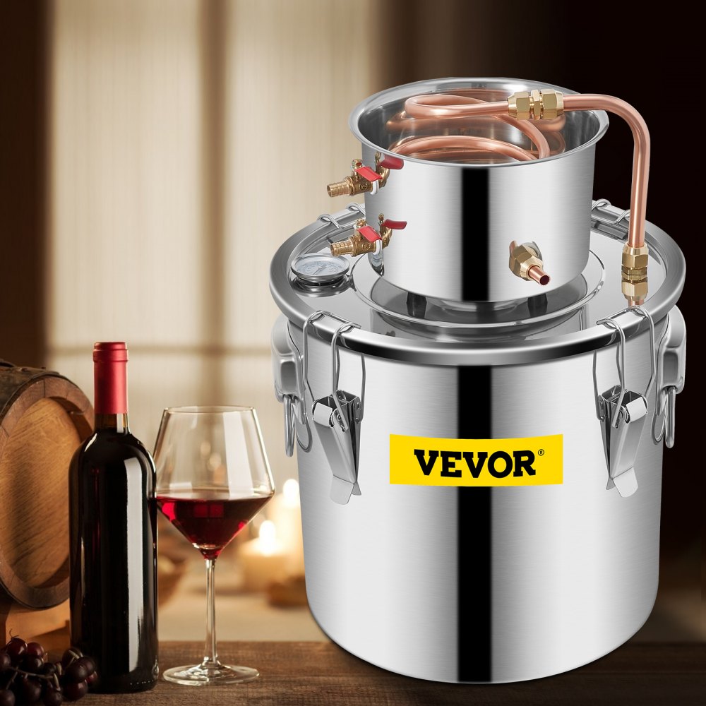 VEVOR Moonshine Still Distiller 5Gal 21L Stainless Steel Water Distiller Copper Tube Home Brewing Kit Build-in Thermometer for DIY Whisky Wine Brandy Sliver 