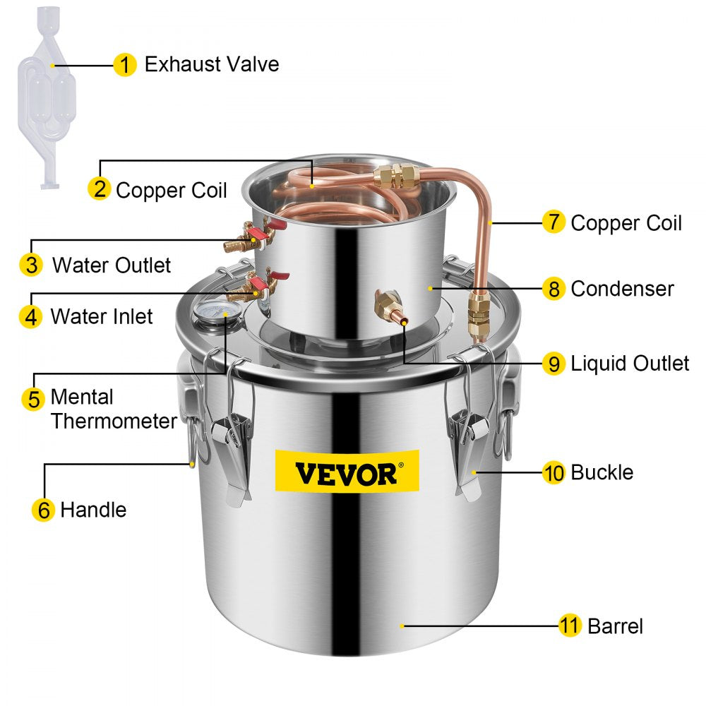 VEVOR Moonshine Still Distiller 5Gal 21L Stainless Steel Water Distiller Copper Tube Home Brewing Kit Build-in Thermometer for DIY Whisky Wine Brandy Sliver 